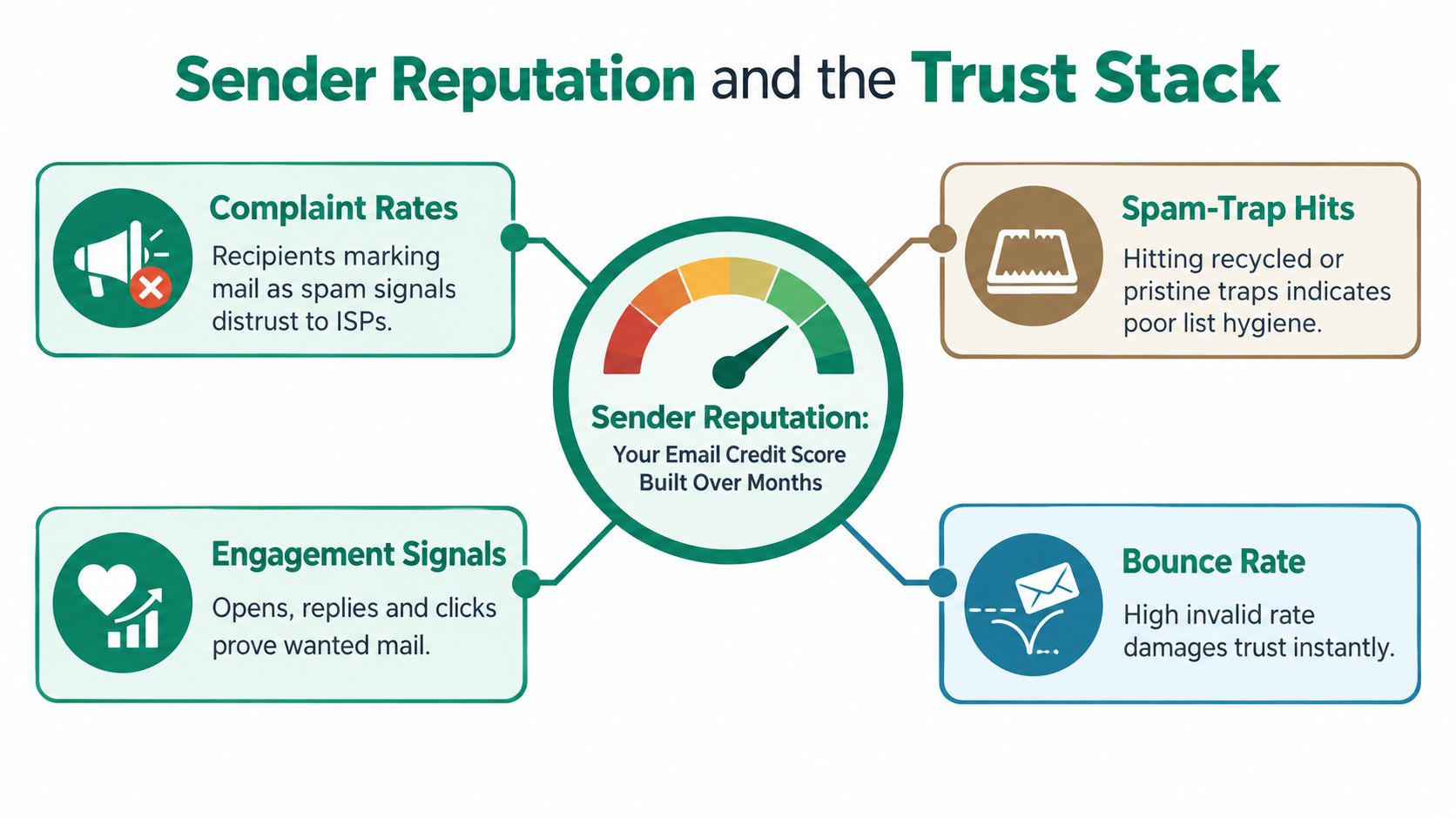 A diagram illustrating the factors that determine sender reputation including complaint rates, spam-trap hits, engagement signals, and bounce rates.