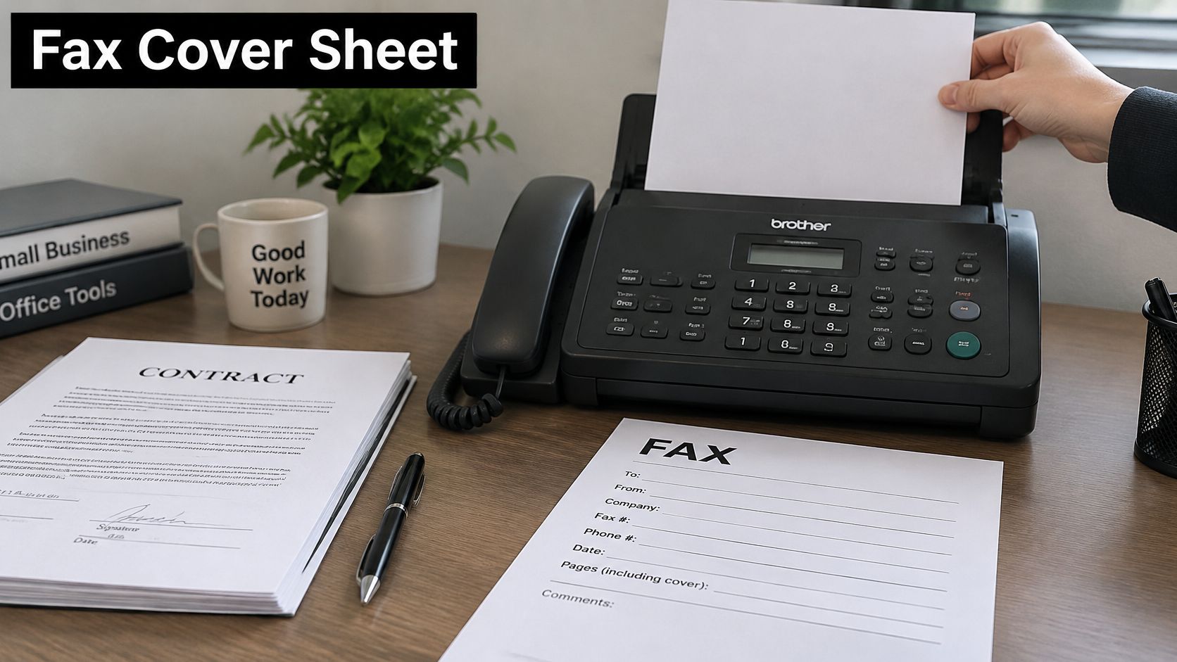 A hand places a white paper into a Brother fax machine next to a fax cover sheet.