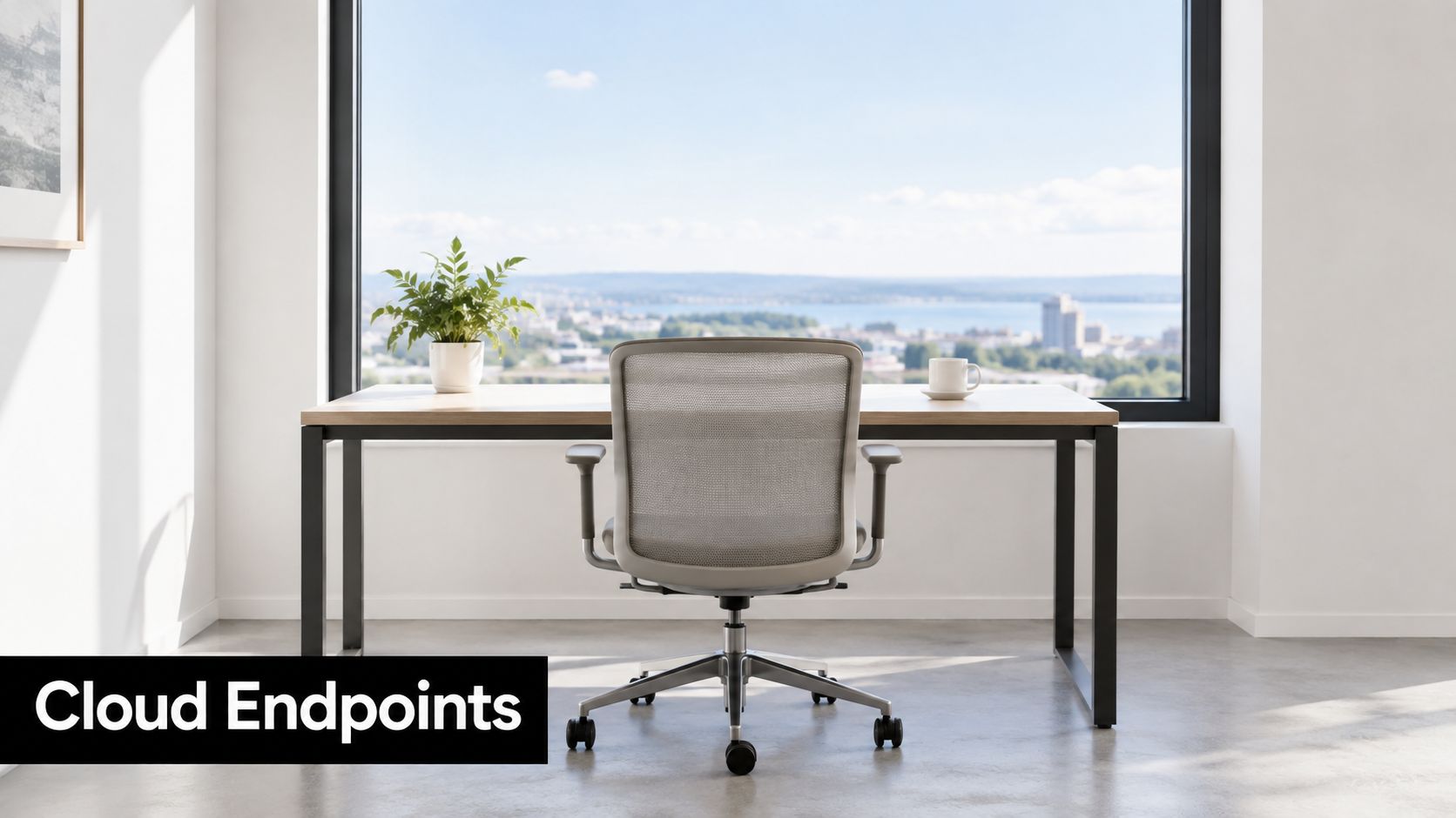 A modern, minimalist home office setup with a desk, chair, and view of the city.