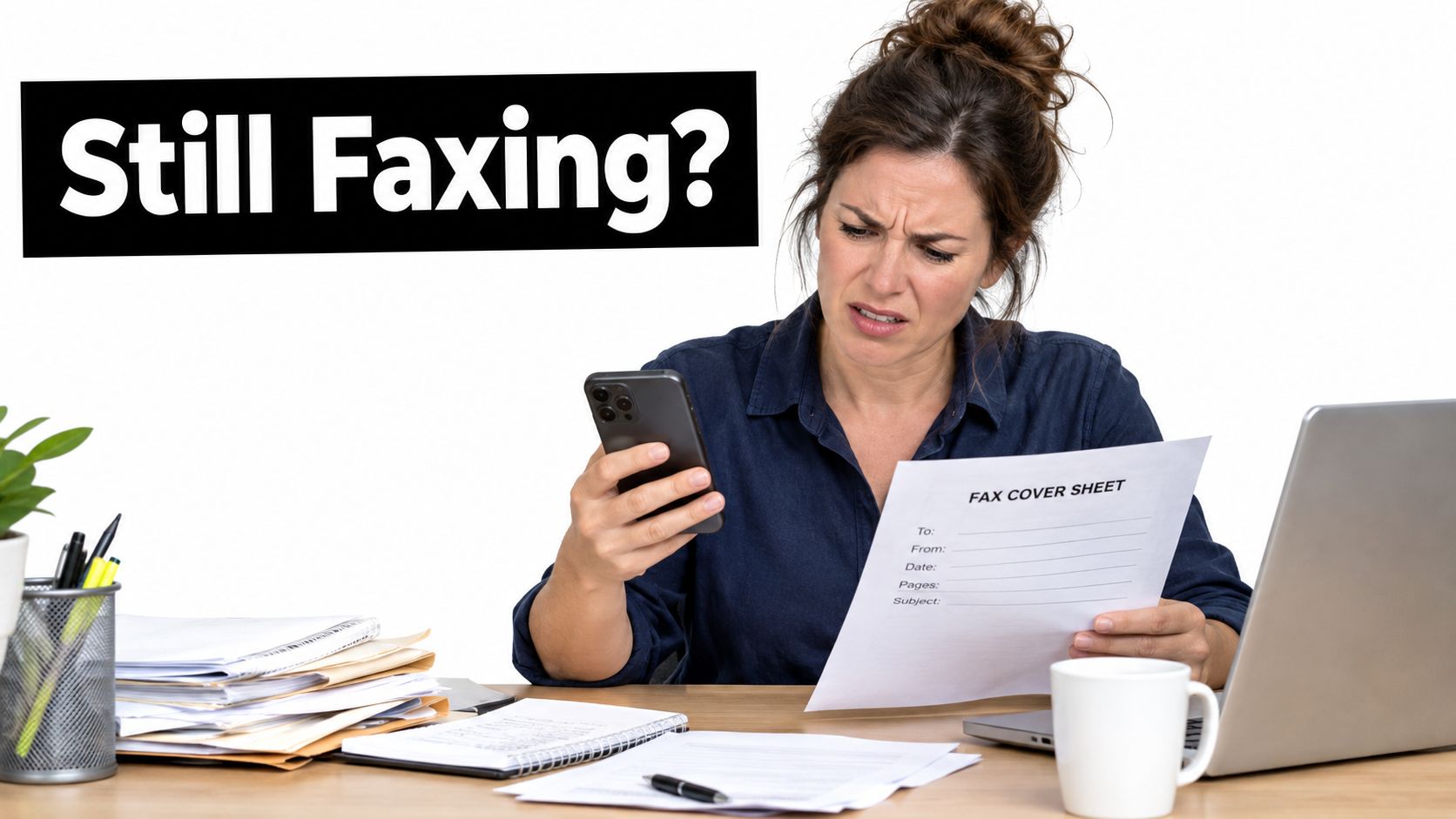 A woman looks frustrated while holding a fax cover sheet and smartphone at her office desk.