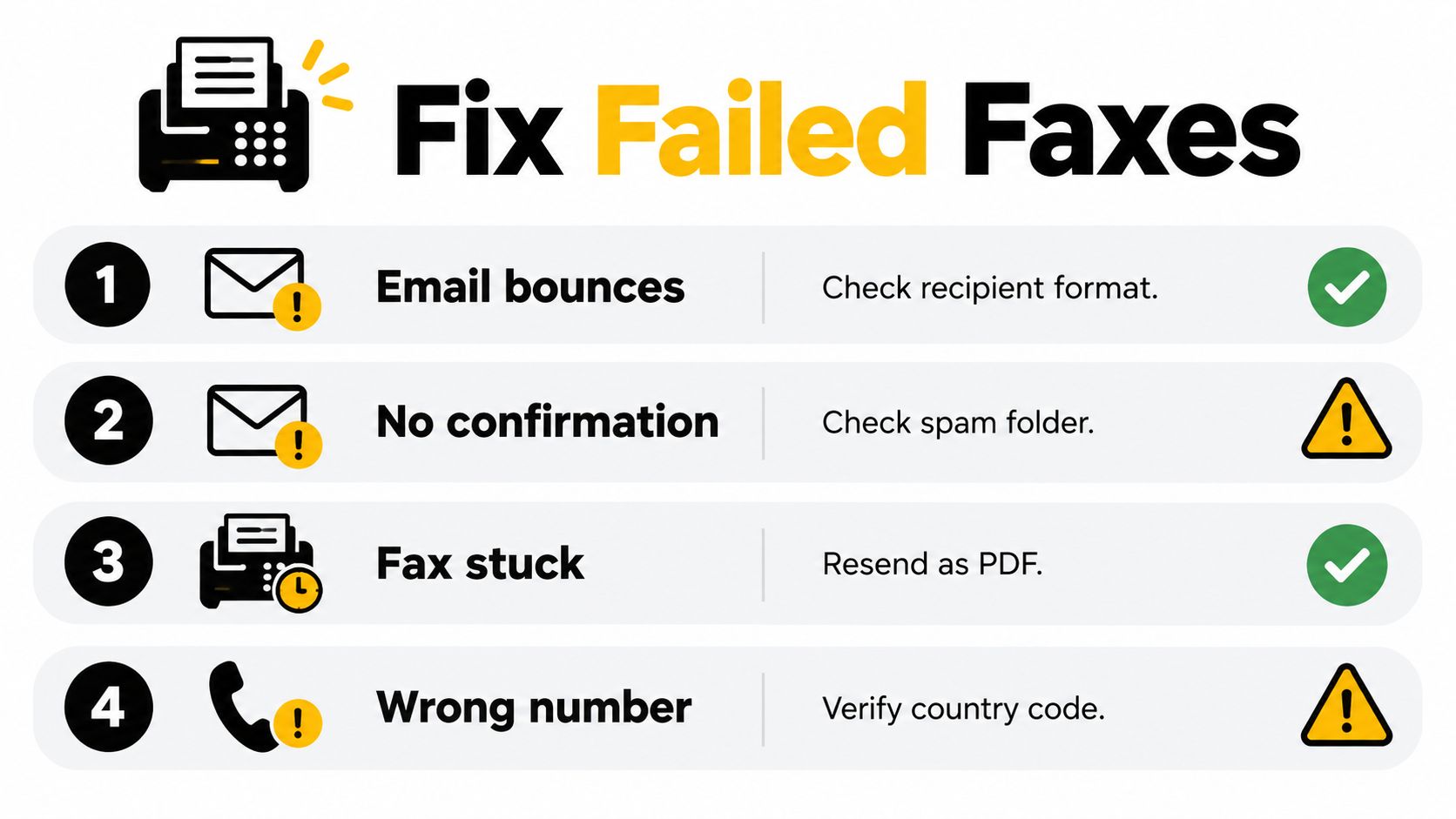 A guide listing four common fax failure issues and their respective solutions in a clear infographic format.
