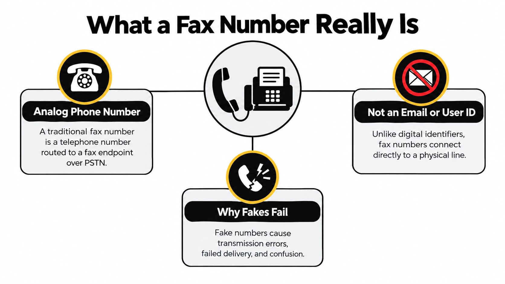 An infographic explaining that a fax number is an analog phone number, not an email address.