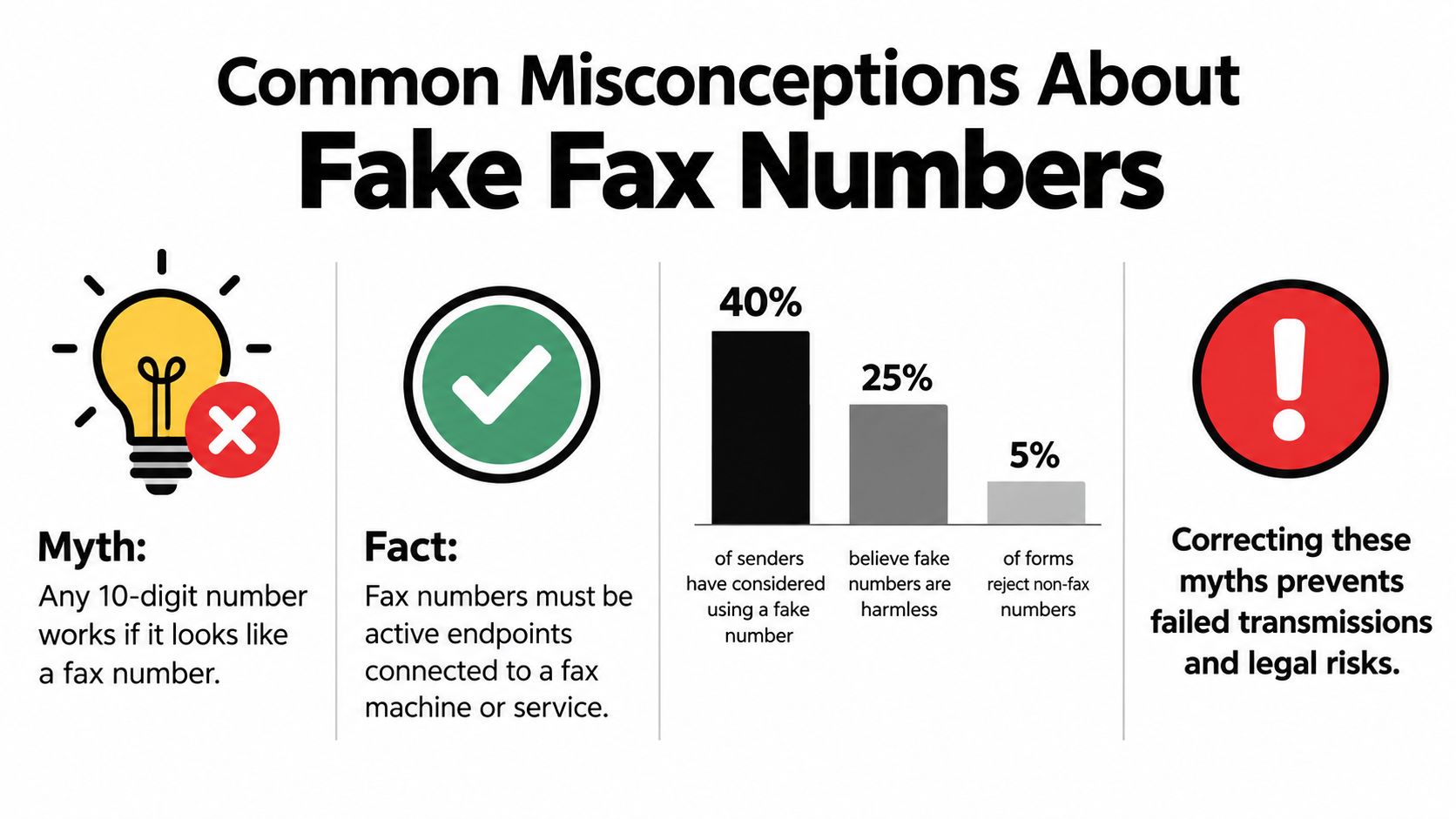 An infographic titled Common Misconceptions About Fake Fax Numbers illustrating myths and facts about fax transmissions.