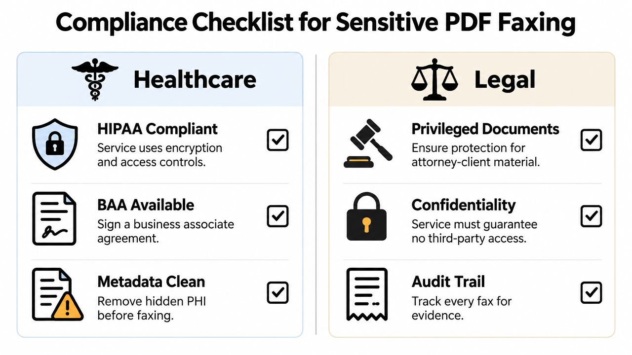 A compliance checklist infographic for healthcare and legal professionals sending sensitive PDF faxes securely.