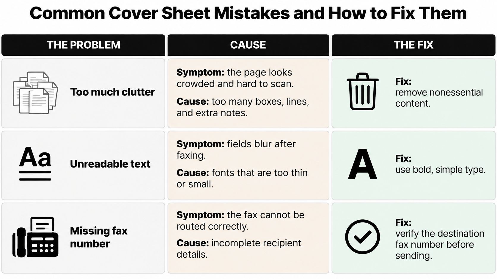 A chart showing common fax cover sheet mistakes, their causes, and how to fix them effectively.