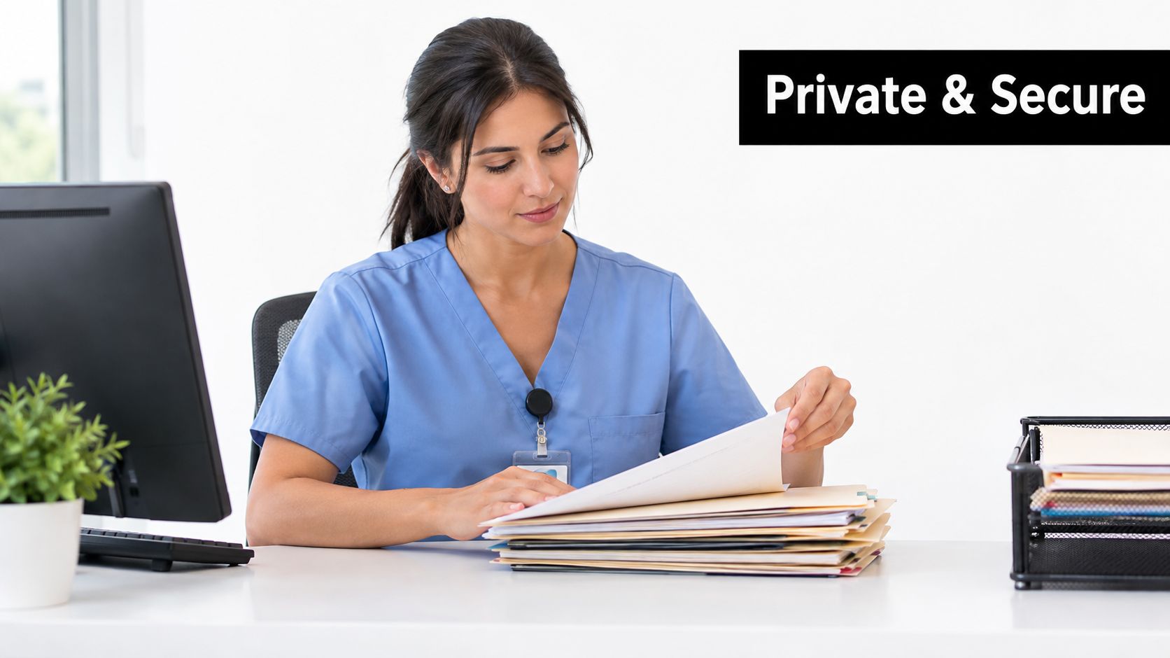 A female healthcare professional in blue scrubs reviewing medical files at a desk with a computer.