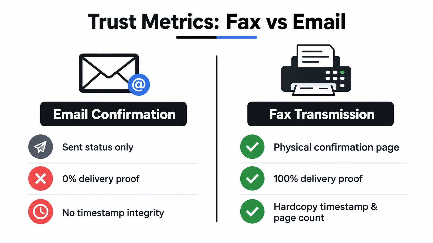 A comparison chart showing how fax transmission offers better confirmation and delivery proof than email communication.