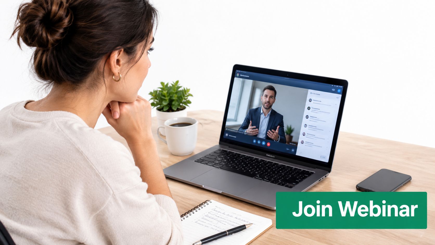 A woman sits at a desk watching a professional webinar on her laptop about marketing strategies.