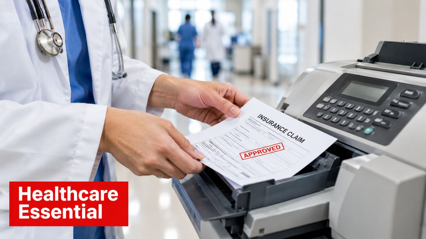 A doctor in a white coat feeding an approved insurance claim document into a fax machine.
