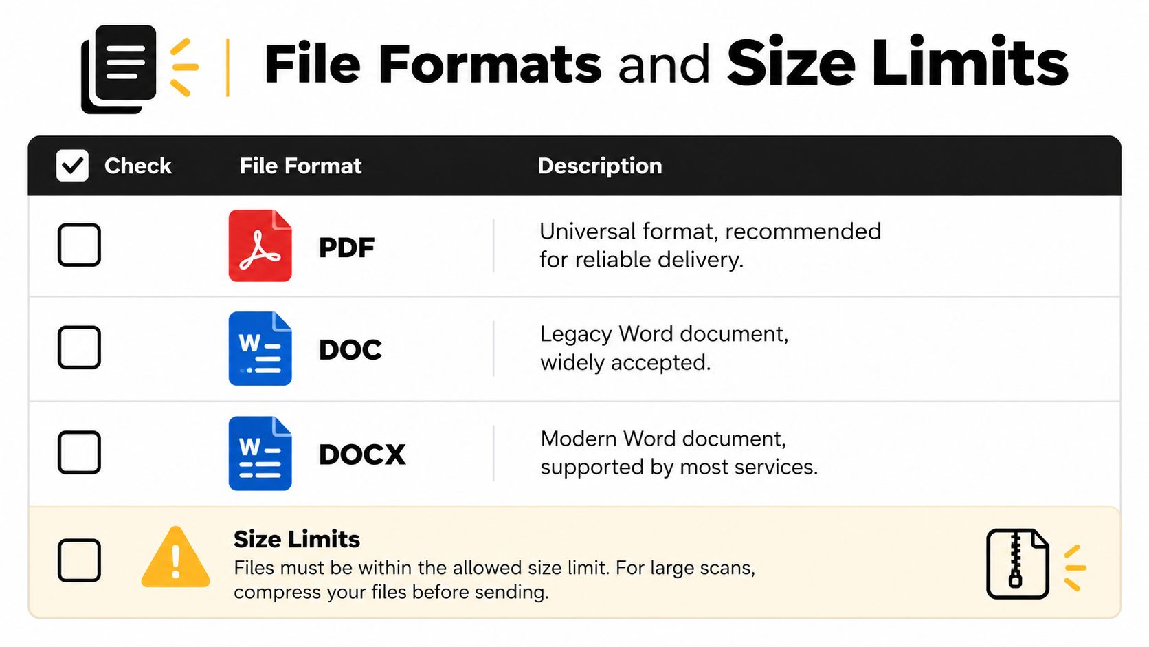 A table showcasing common document file formats like PDF, DOC, DOCX and explaining file size limit requirements.