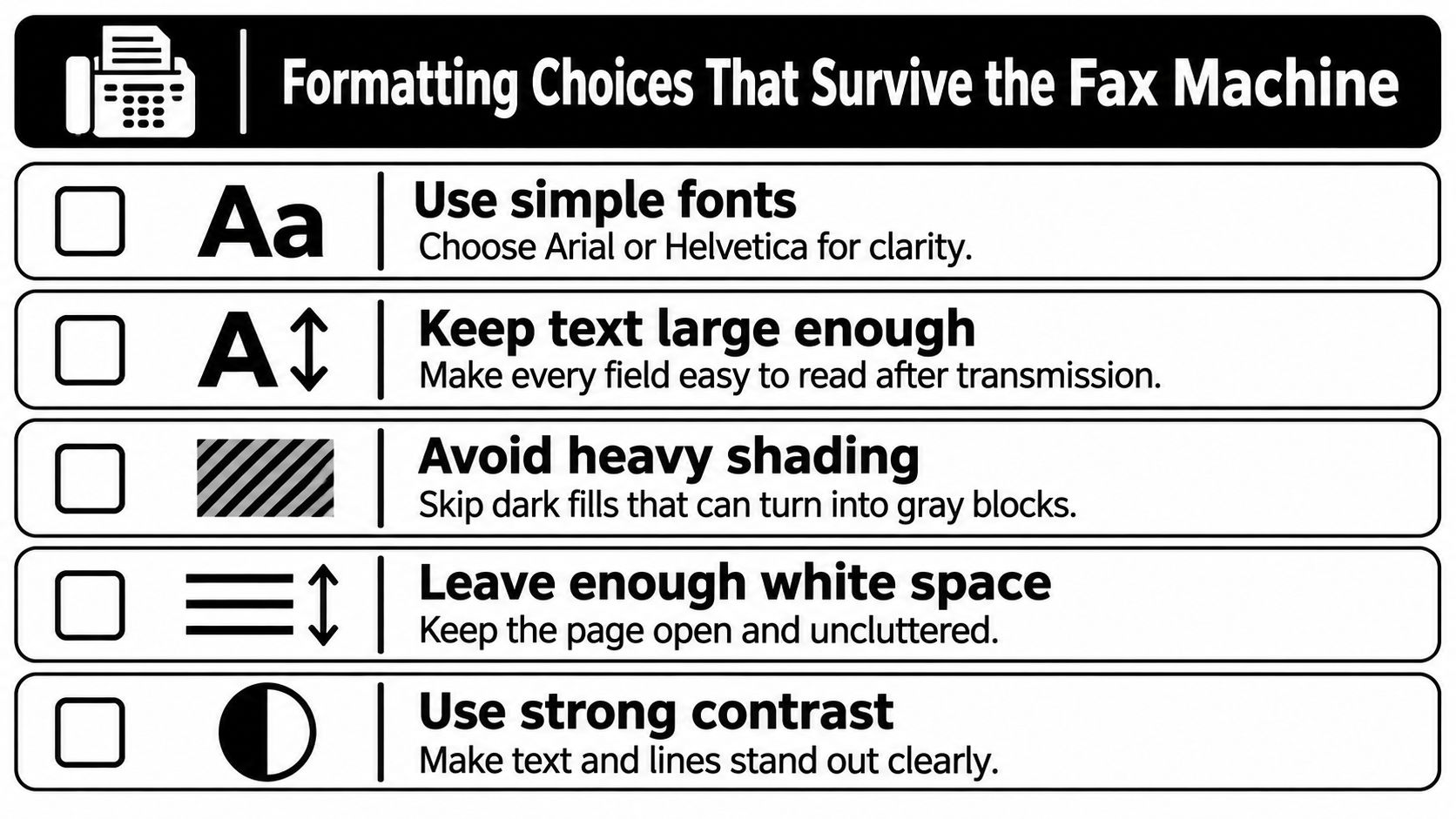 A checklist infographic titled Formatting Choices That Survive the Fax Machine, listing tips for clear document transmission.