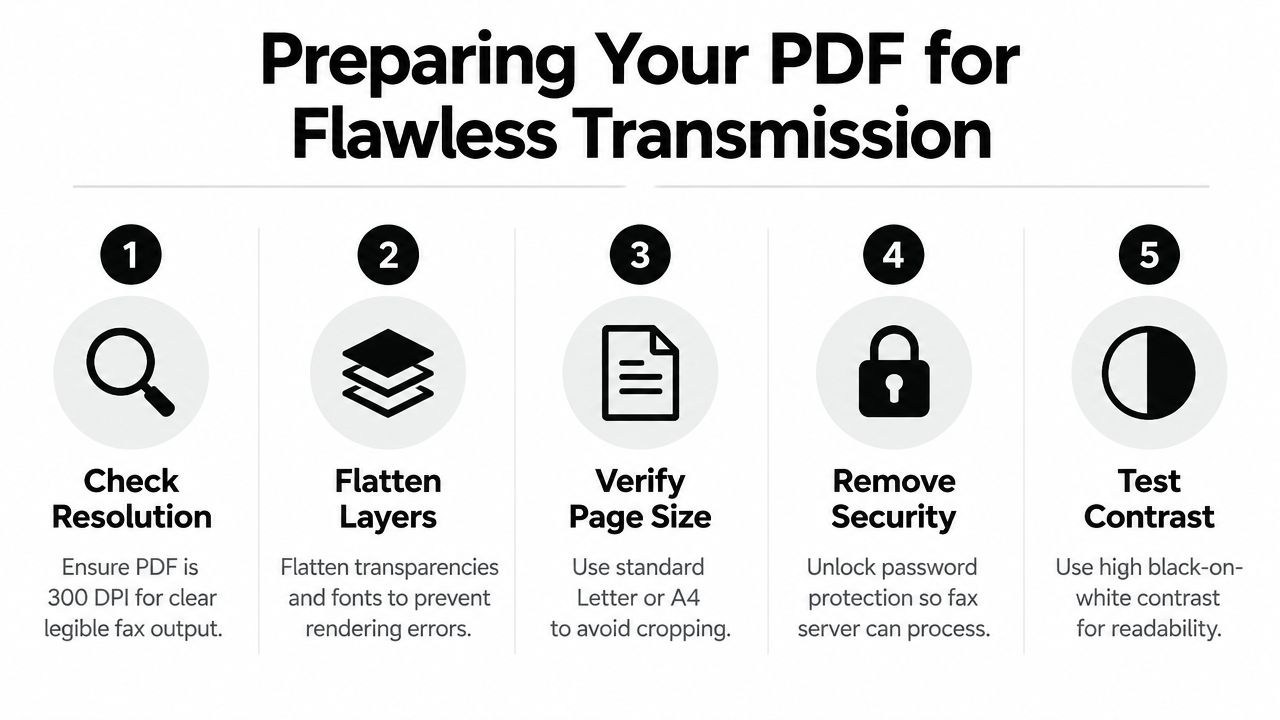 A checklist of five tips for preparing a PDF file to ensure a flawless fax transmission.