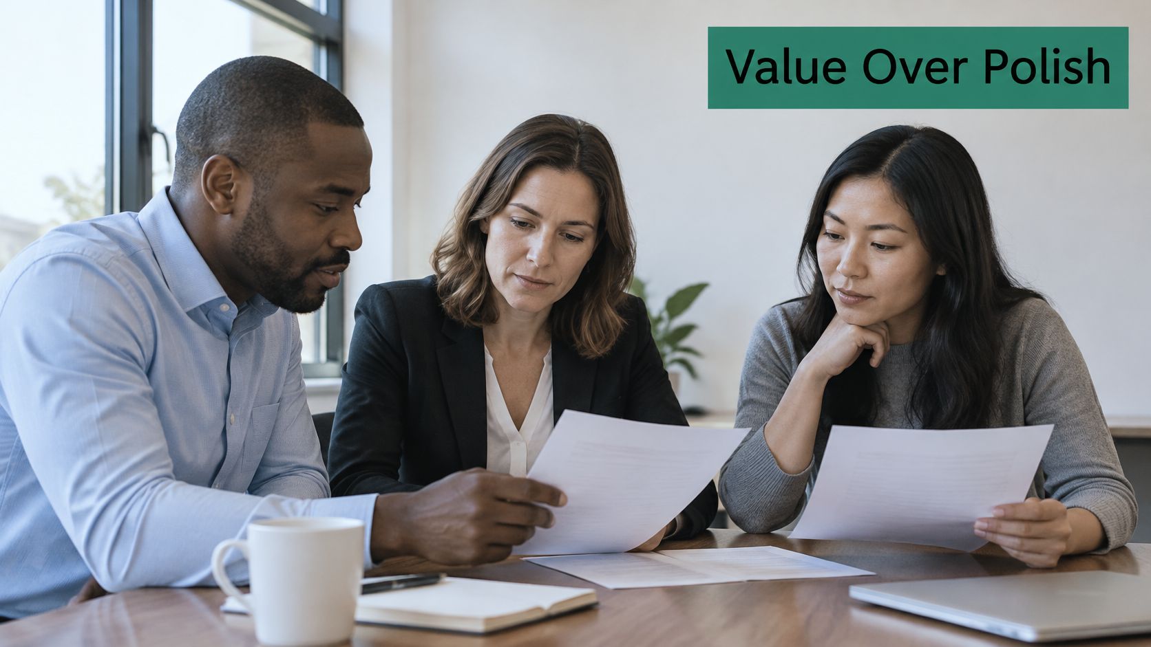 A diverse group of three professionals reviewing documents together at a wooden table in an office setting.