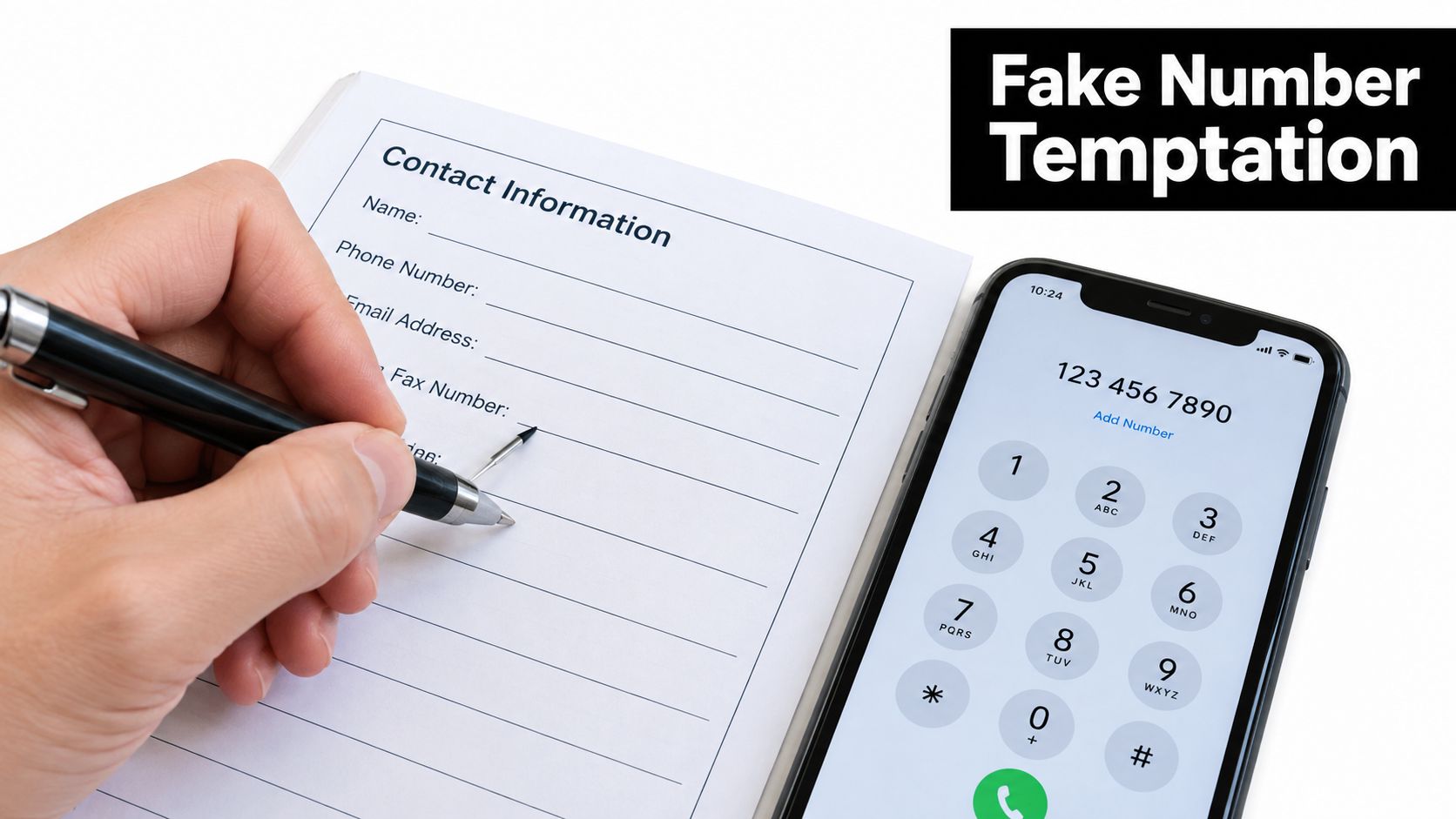 A person writes on a contact form while a smartphone displays a keypad with a phone number.