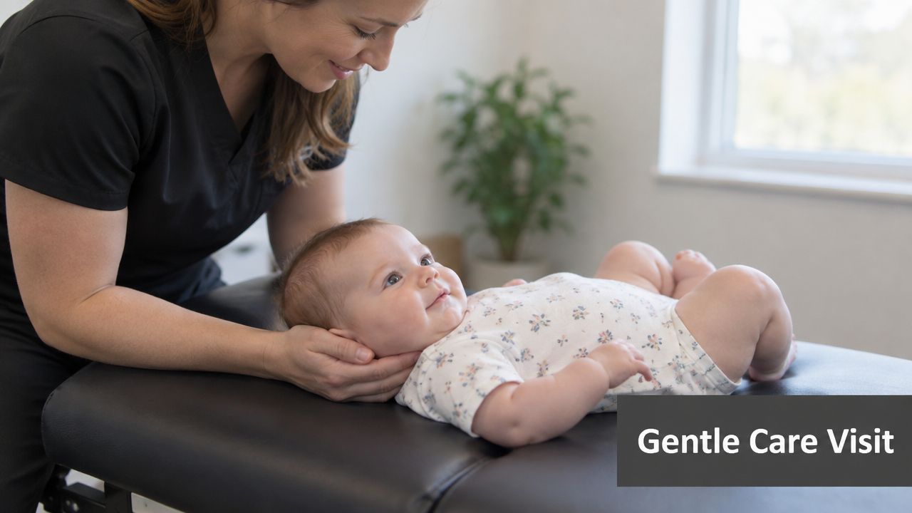 A professional chiropractor performing a gentle adjustment on a smiling baby lying on a treatment table.
