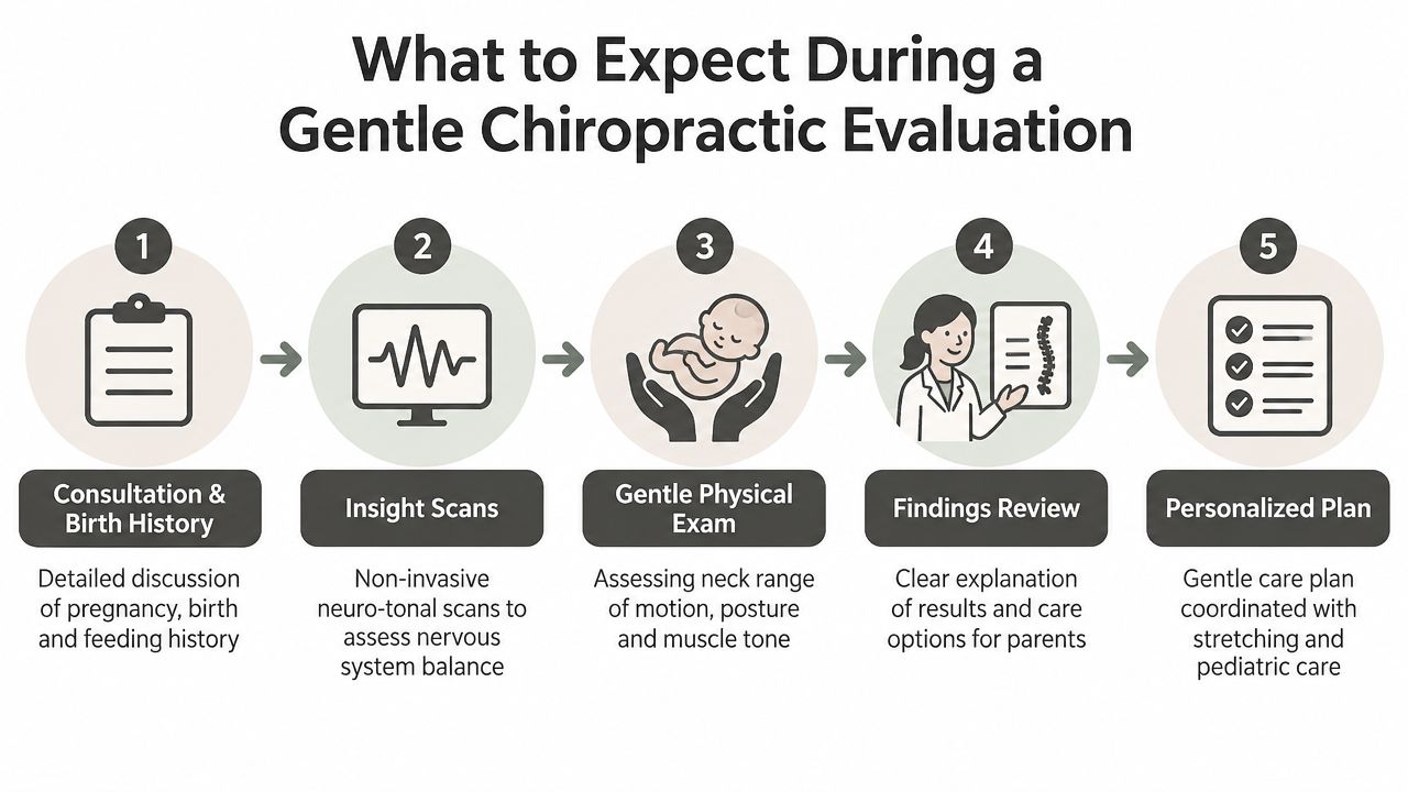A five-step infographic showing the stages of a gentle chiropractic evaluation for an infant or baby.