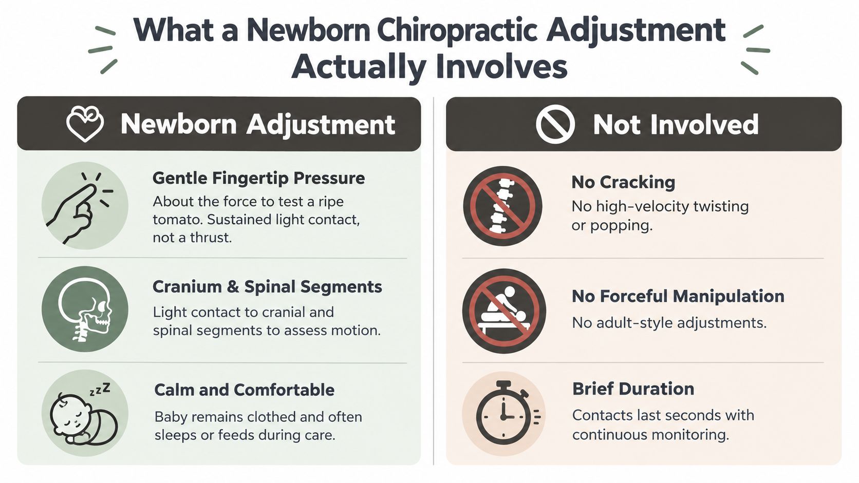 An infographic explaining that newborn chiropractic adjustments are gentle, brief, and involve no cracking or forceful manipulation.