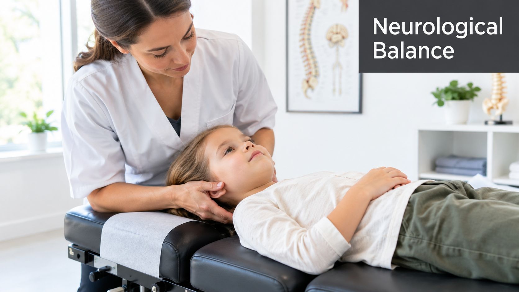 A gentle chiropractor performing a neck adjustment on a young girl lying on a massage table.