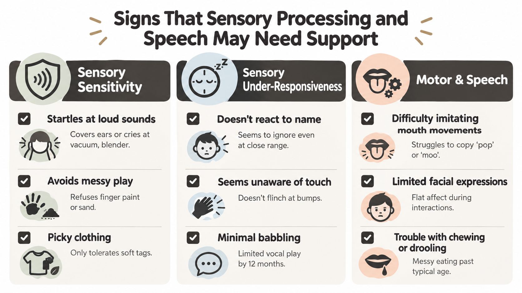 An infographic detailing potential signs of sensory processing differences and speech delays in children for professional support.