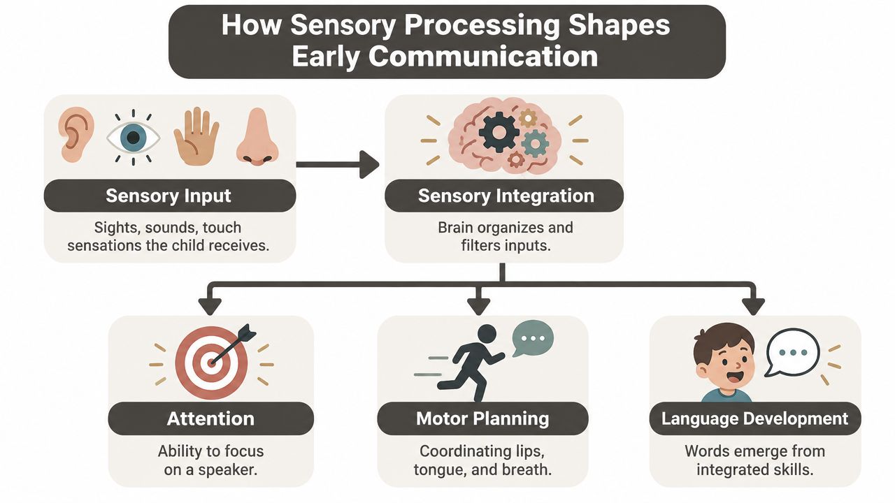 A flowchart illustrating how sensory input, integration, and motor planning contribute to language development in children.