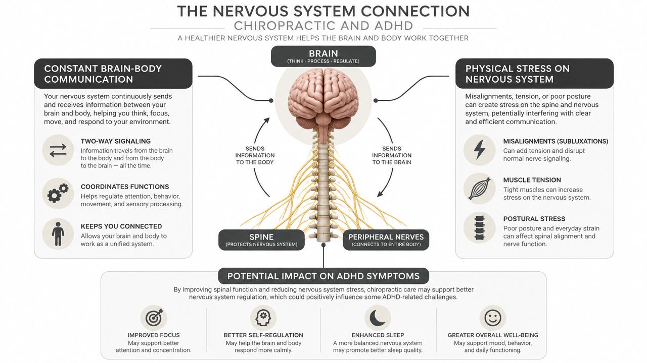 A diagram explaining how chiropractic care may influence the nervous system connection and manage ADHD symptoms.