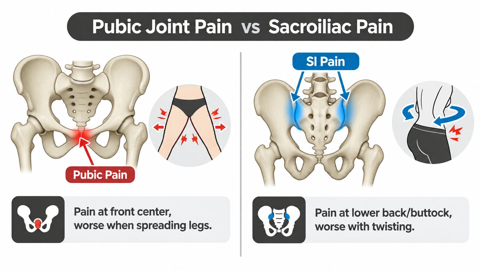 An infographic comparing pubic joint pain versus sacroiliac pain with anatomical illustrations and descriptions of symptoms.