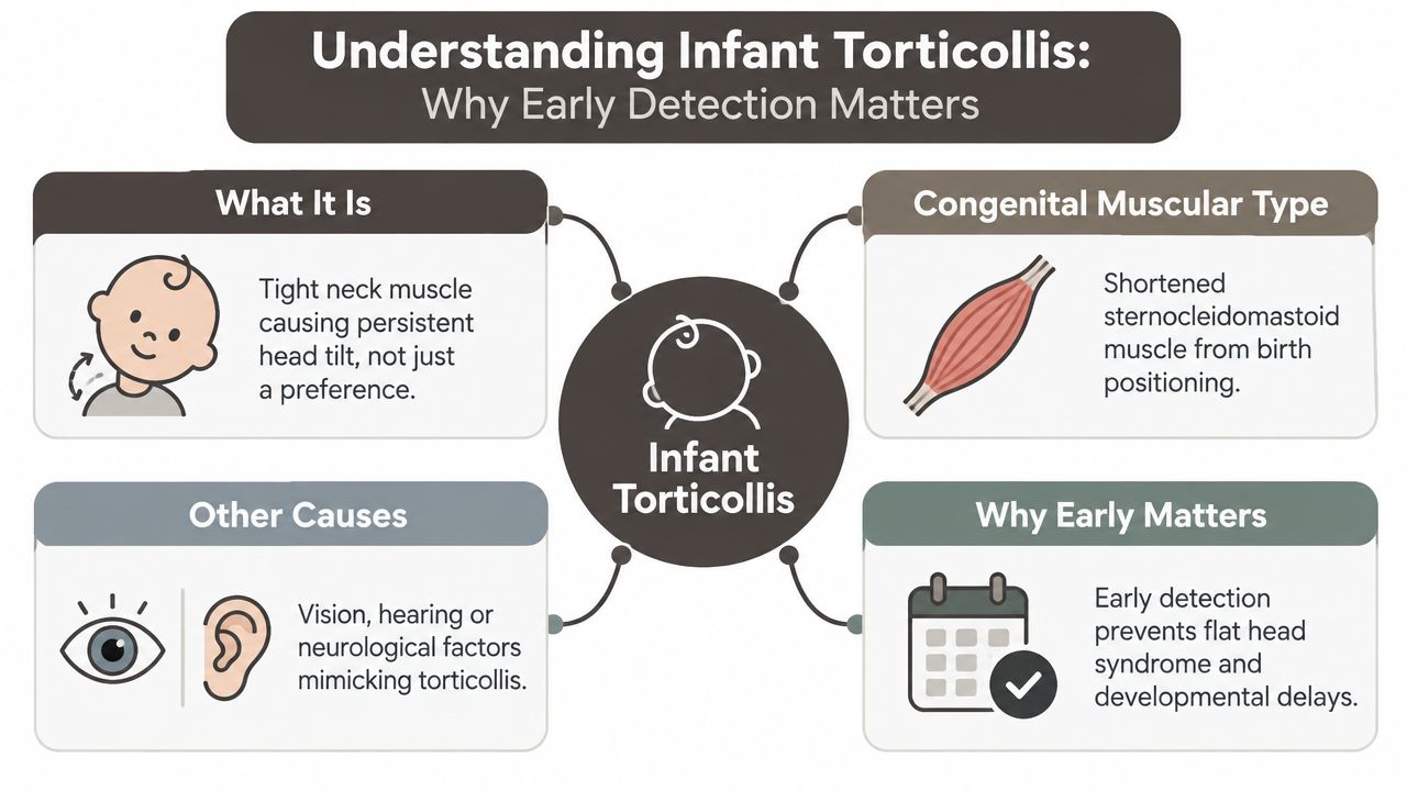 An infographic titled Understanding Infant Torticollis explaining symptoms, causes, and the importance of early detection.