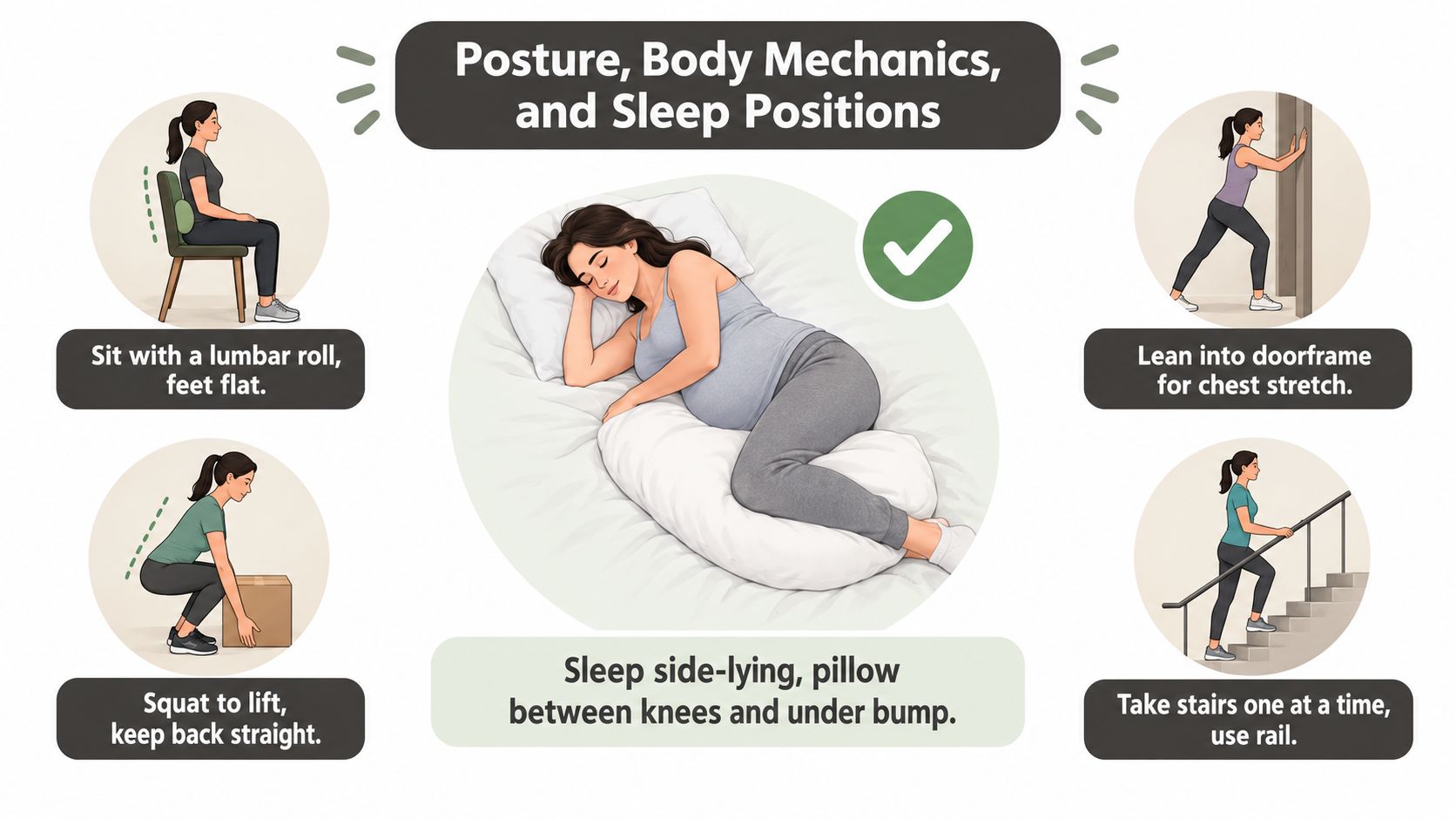 A diagram illustrating healthy posture, body mechanics, and recommended sleep positions for pregnant individuals to relieve pain.