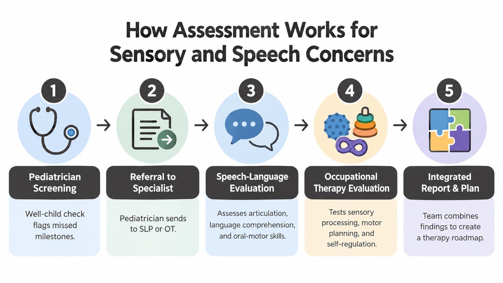 A five-step flowchart illustrating the assessment process for children with sensory and speech development concerns.