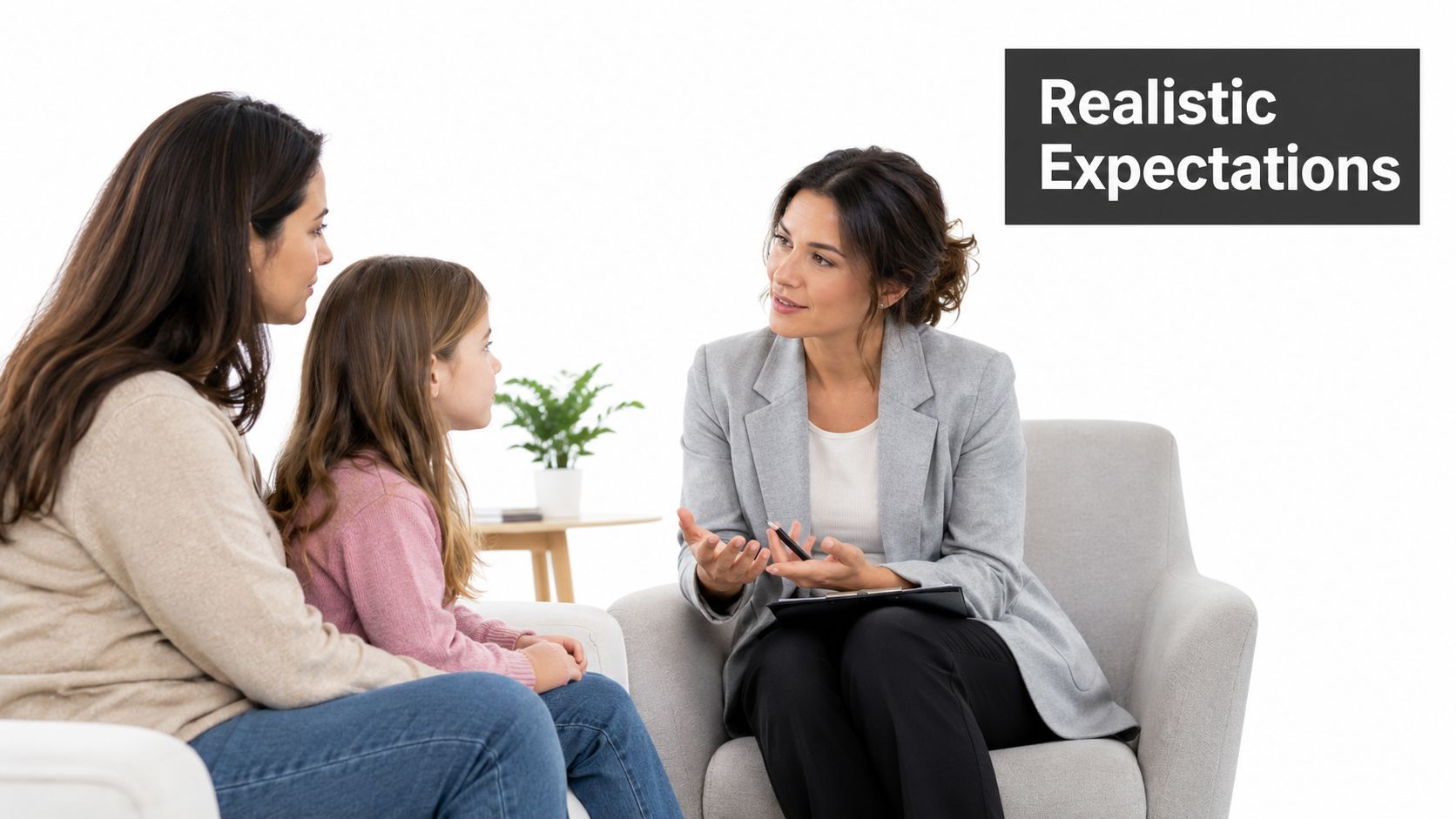 A professional therapist sits in an office talking with a young girl and her mother during consultation.