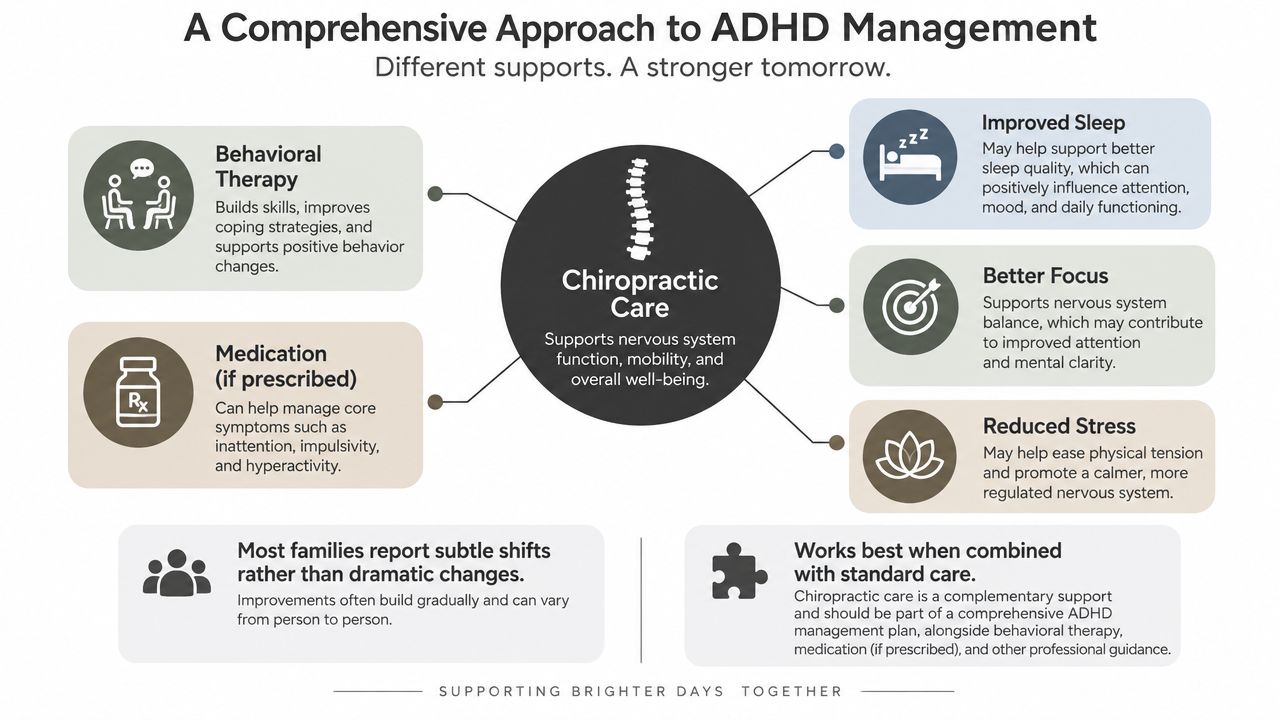 An infographic titled A Comprehensive Approach to ADHD Management explaining how chiropractic care complements traditional treatment methods.