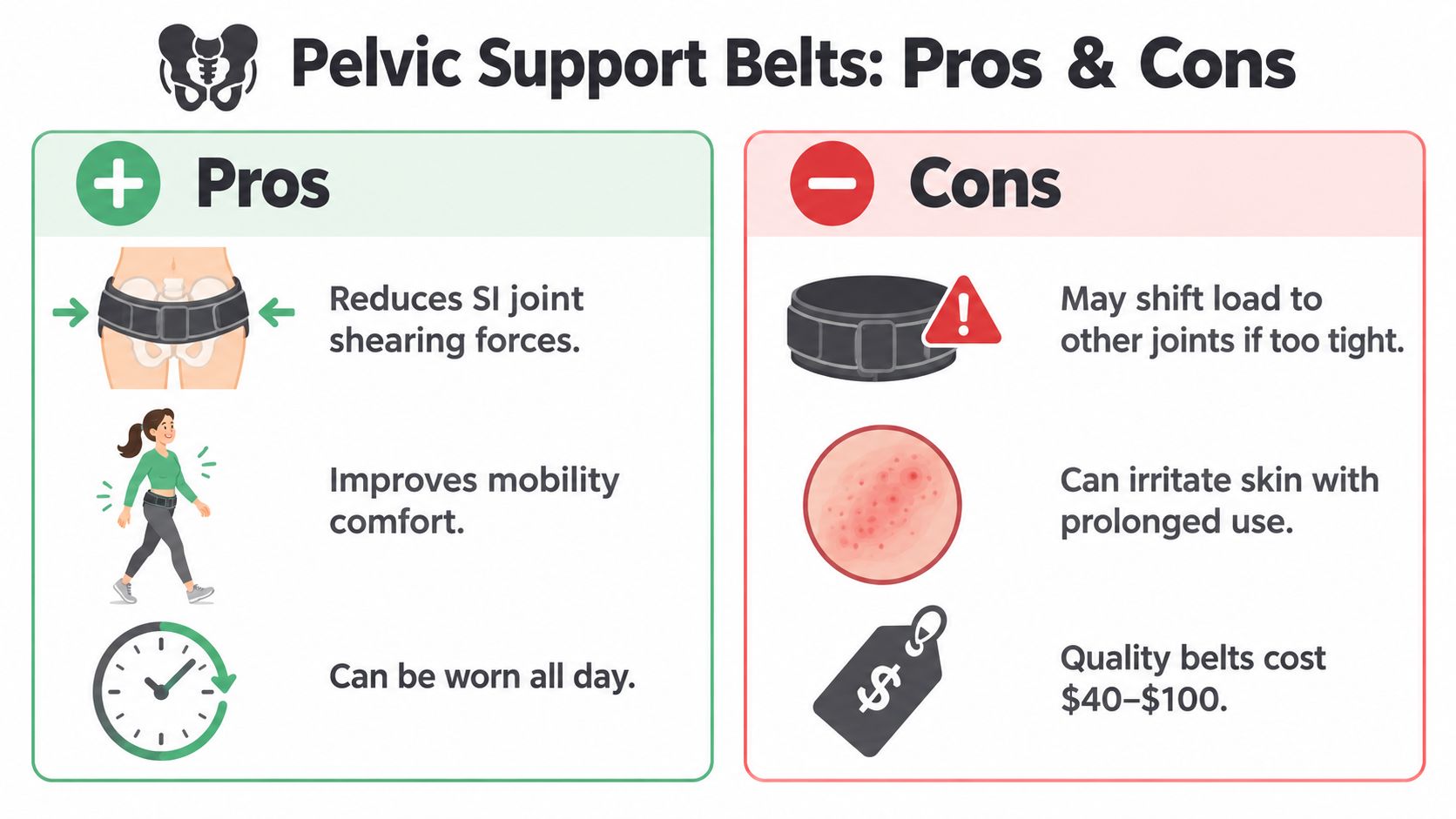 A visual comparison infographic outlining the pros and cons of using pelvic support belts for pain relief.