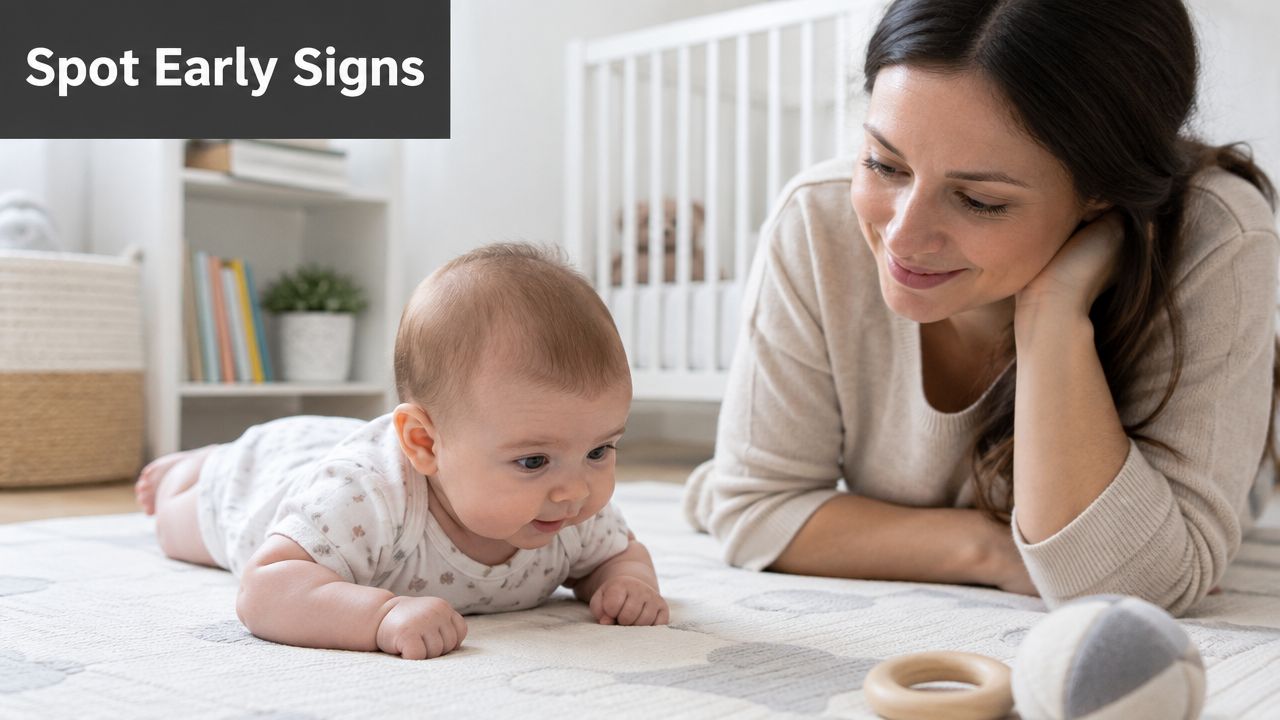 A caring mother watches her happy baby during tummy time on a soft, patterned rug at home.