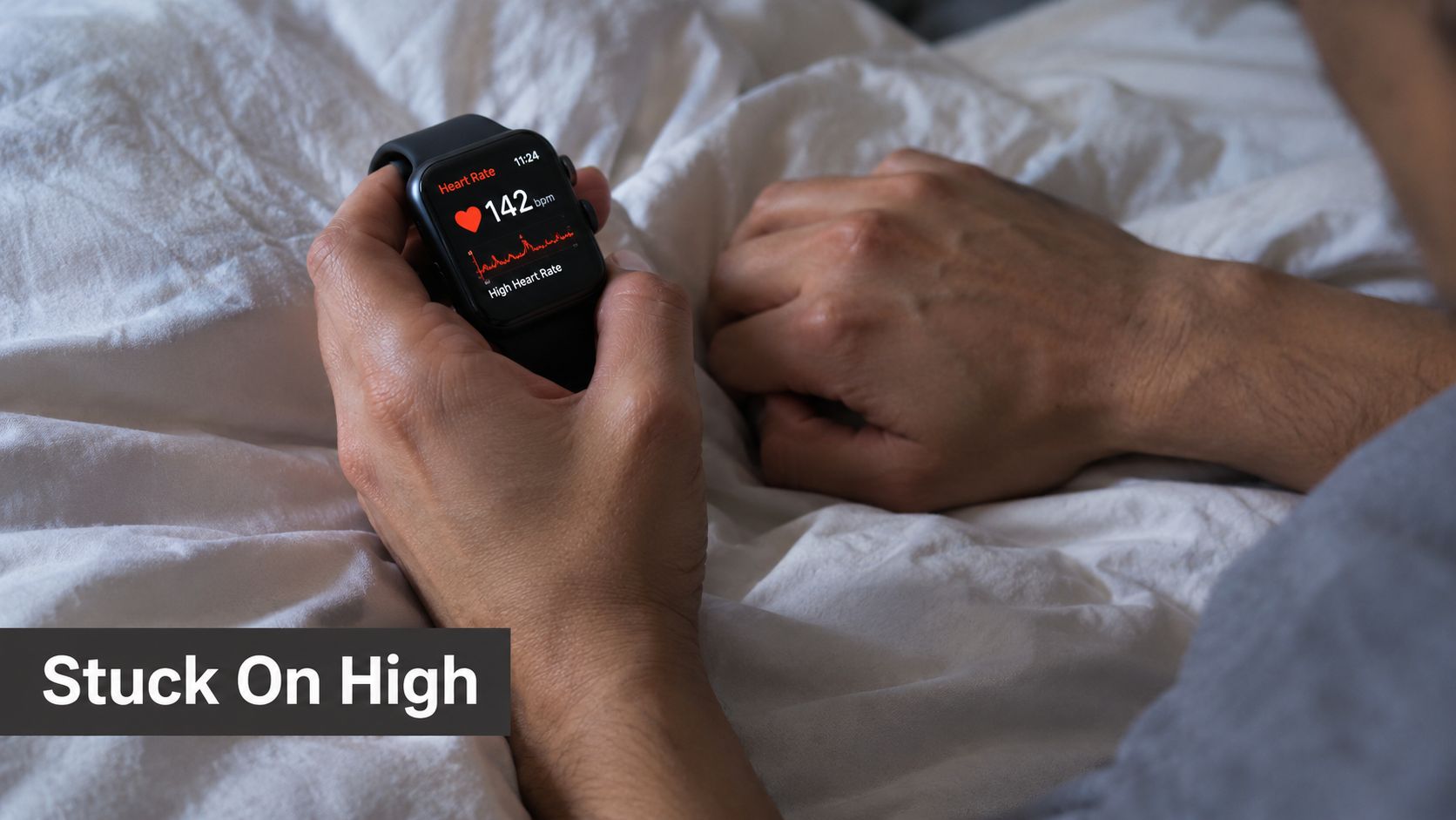 A person lying in bed checking their smartwatch displaying a high heart rate alert of 142 bpm.