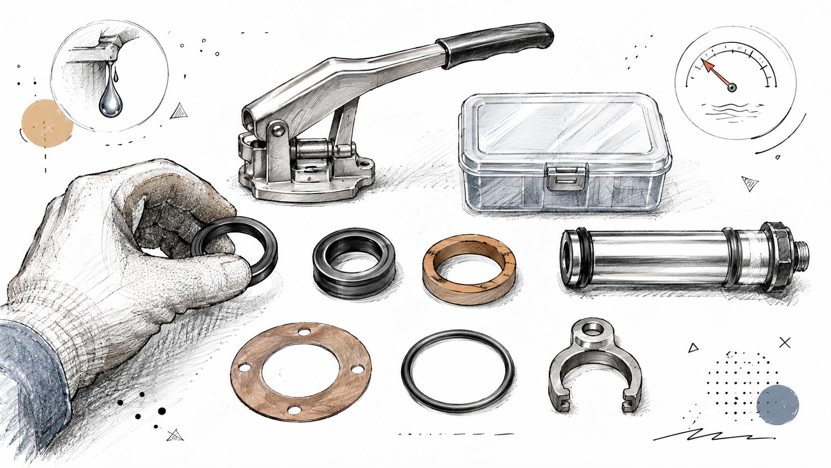 Ilustración detallada de piezas de repuesto para engrasadora manual junto a guantes y herramientas de mantenimiento industrial.