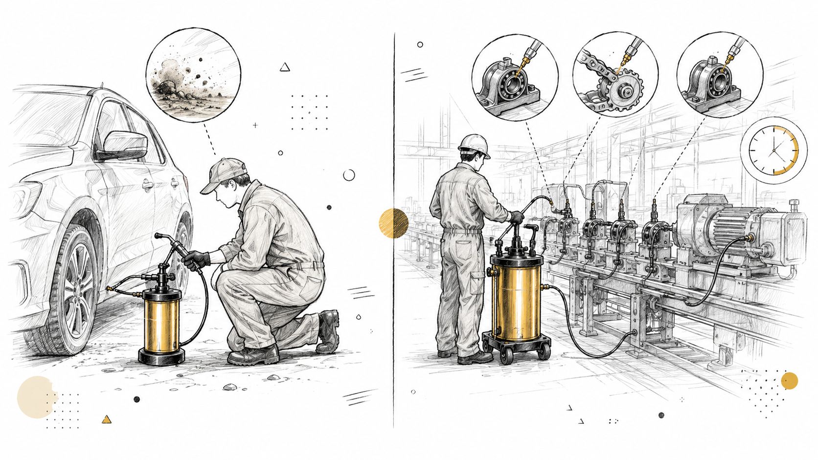 Trabajador realizando tareas de mantenimiento y lubricación con una engrasadora manual en vehículos y maquinaria industrial.