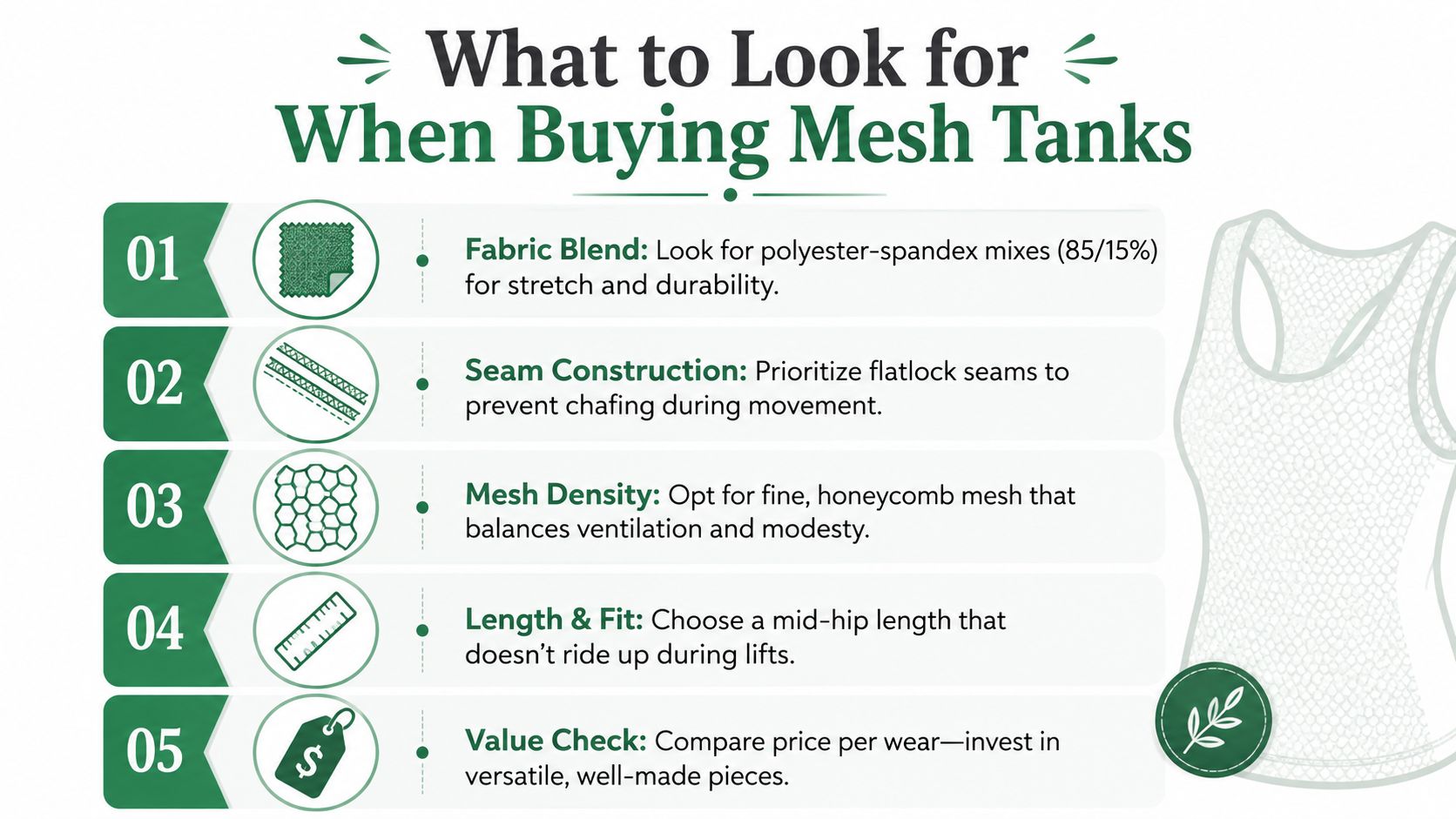An infographic detailing five key factors to consider when purchasing women's athletic mesh tank tops.