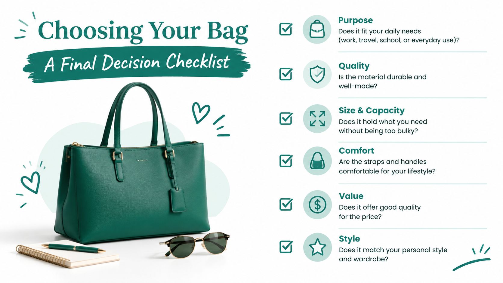 A checklist for choosing the perfect bag with a stylish green tote, sunglasses, and a notebook.