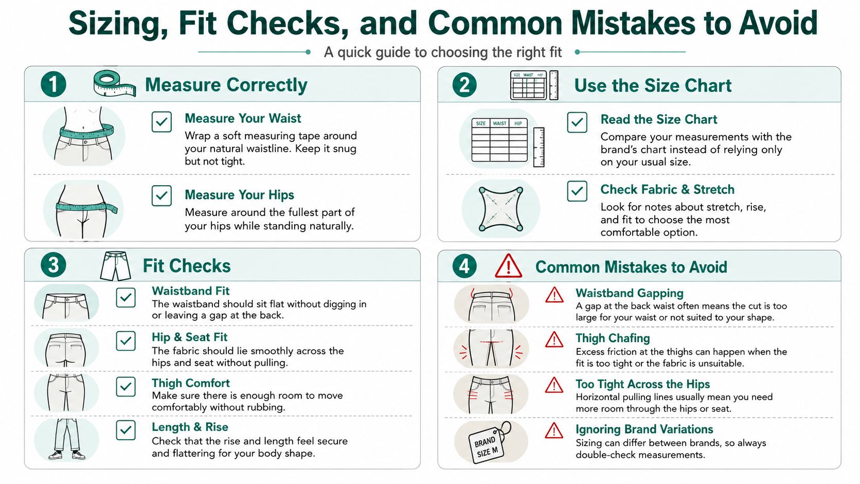 A helpful infographic guide explaining how to measure for sizing, check fit, and avoid common clothing mistakes.