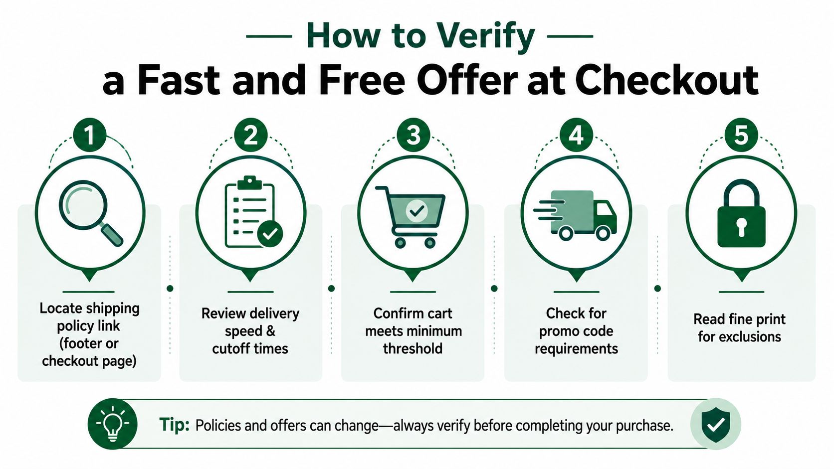 A five-step infographic guide on how to verify fast and free shipping offers during online checkout.