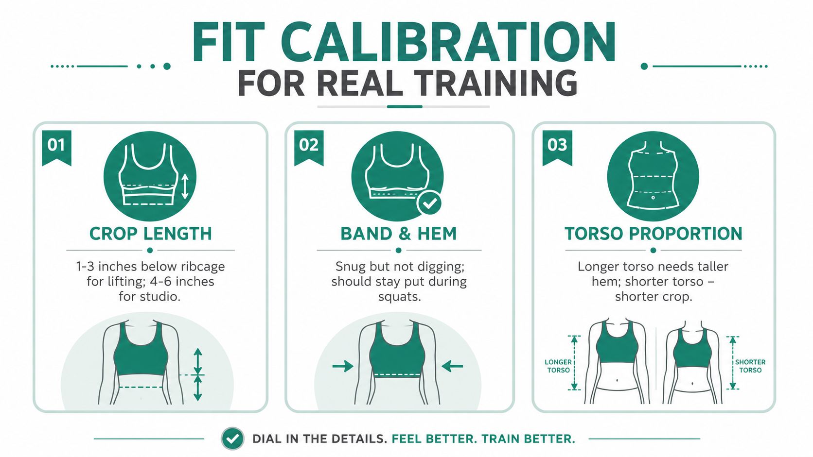An infographic detailing how to properly fit a cropped workout tank for training, showing length and proportion.