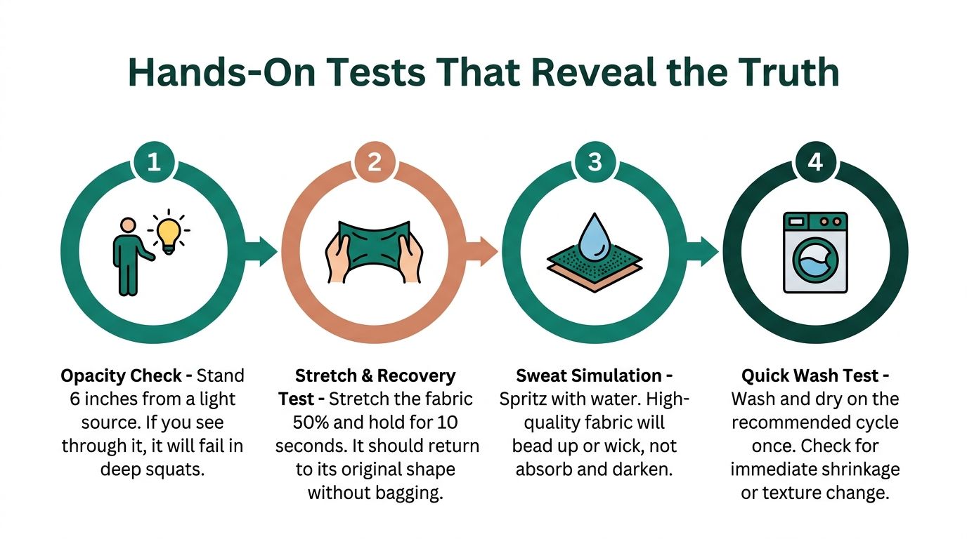 An infographic detailing four simple hands-on tests to evaluate clothing fabric quality and durability at home.