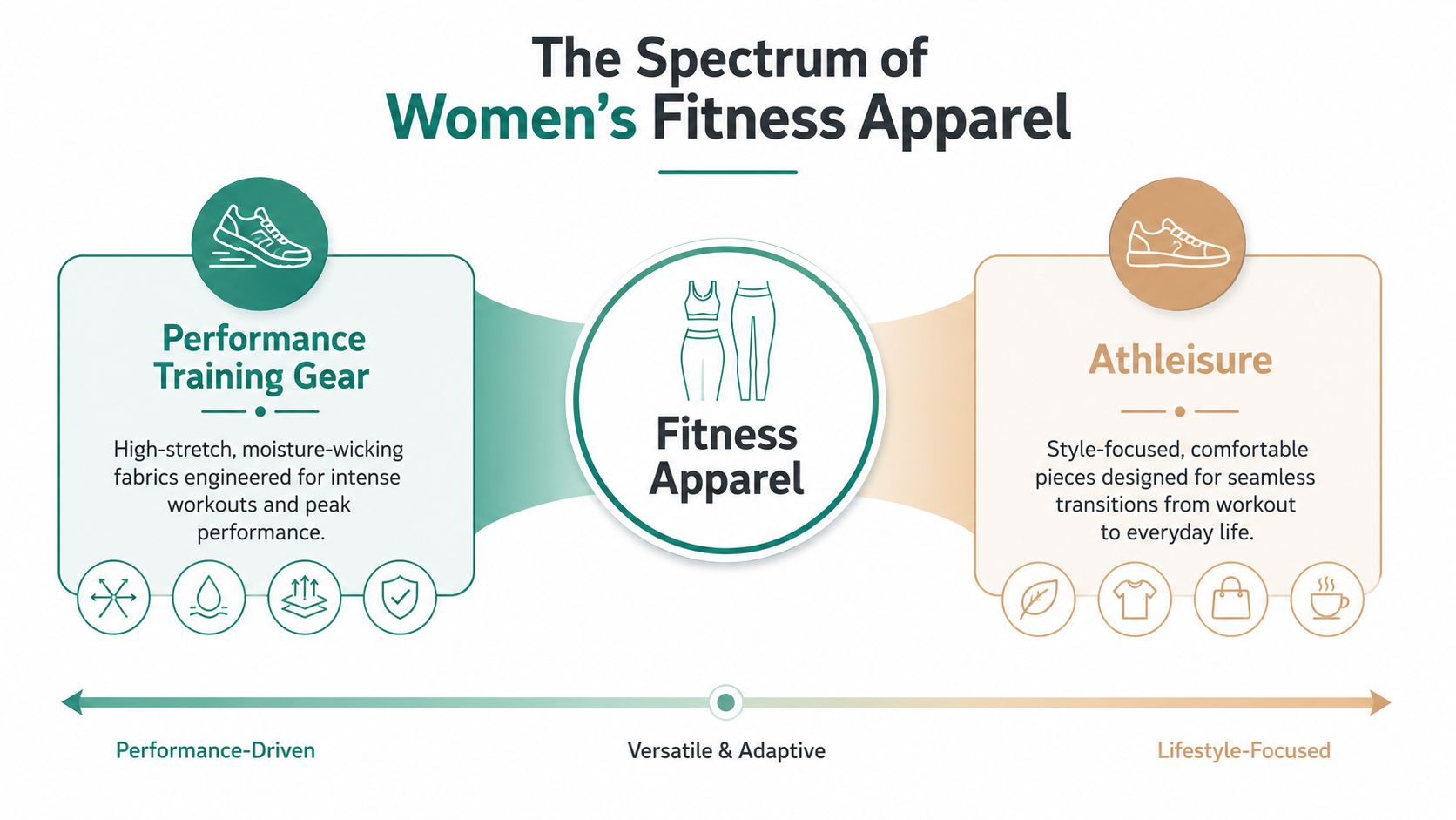 A graphic showing the spectrum of women's fitness apparel ranging from performance gear to lifestyle-focused athleisure pieces.