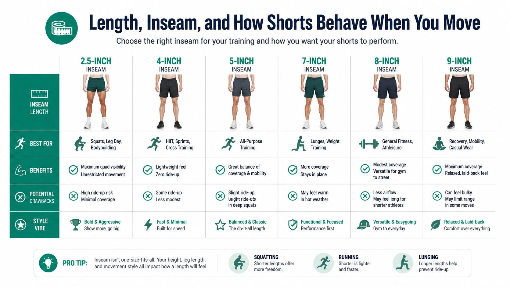 A chart comparing different inseam lengths for athletic shorts, showing best uses, benefits, drawbacks, and styles.