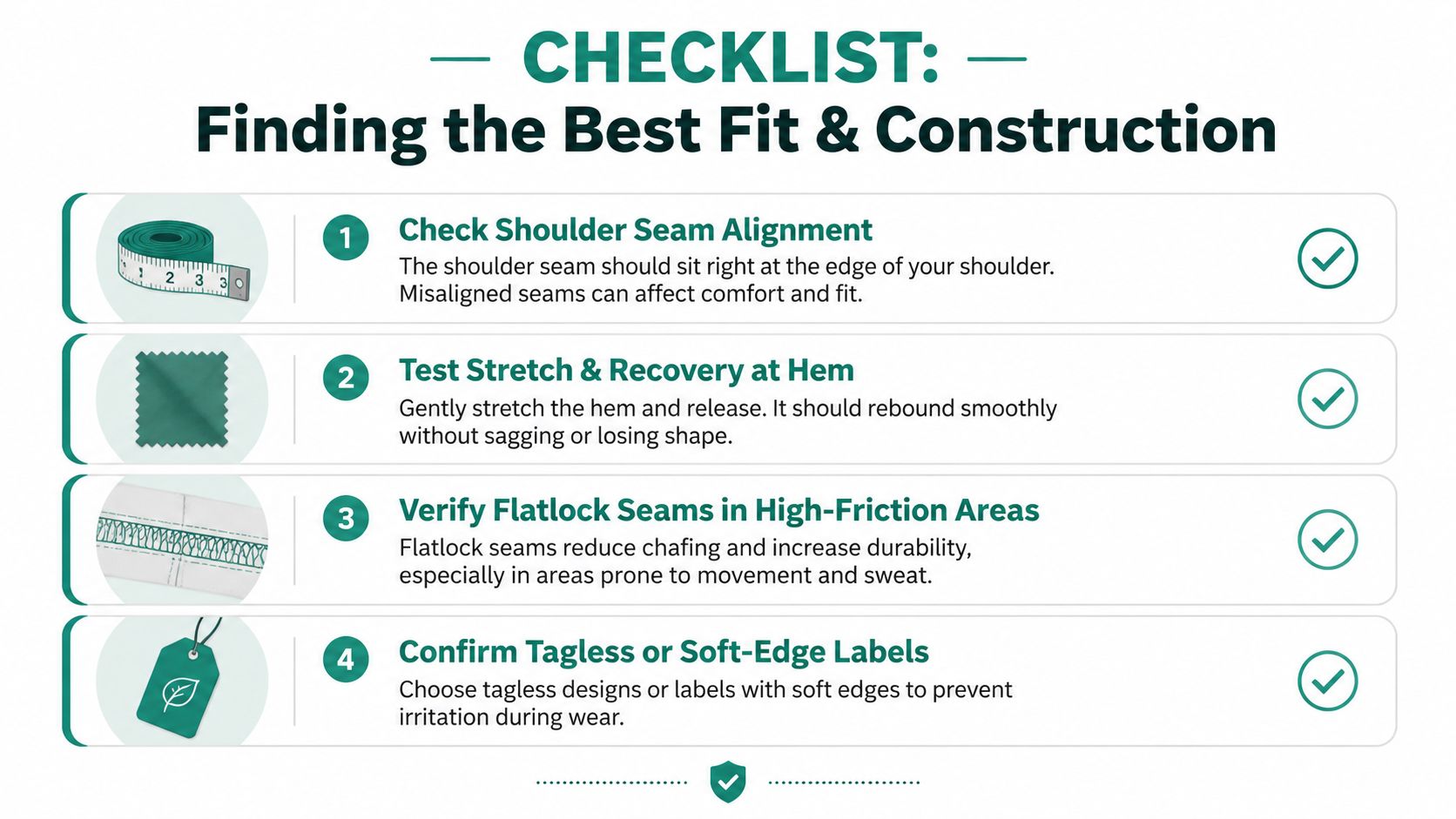 A checklist infographic titled Finding the Best Fit and Construction with four steps for evaluating garment quality.
