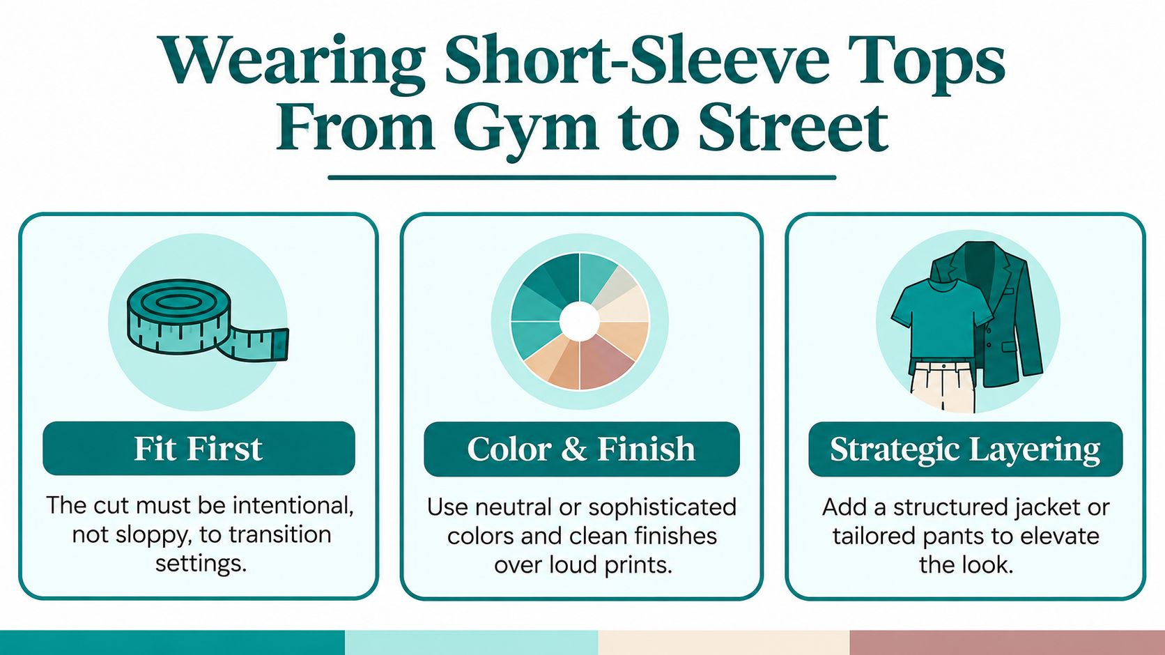 An infographic titled Wearing Short-Sleeve Tops From Gym to Street, listing three style tips for outfits.