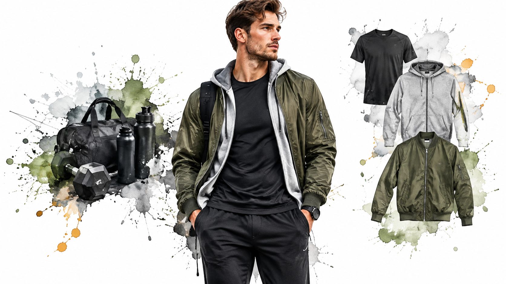 A stylish man wearing an olive bomber jacket, gray hoodie, and black joggers, surrounded by gym gear.