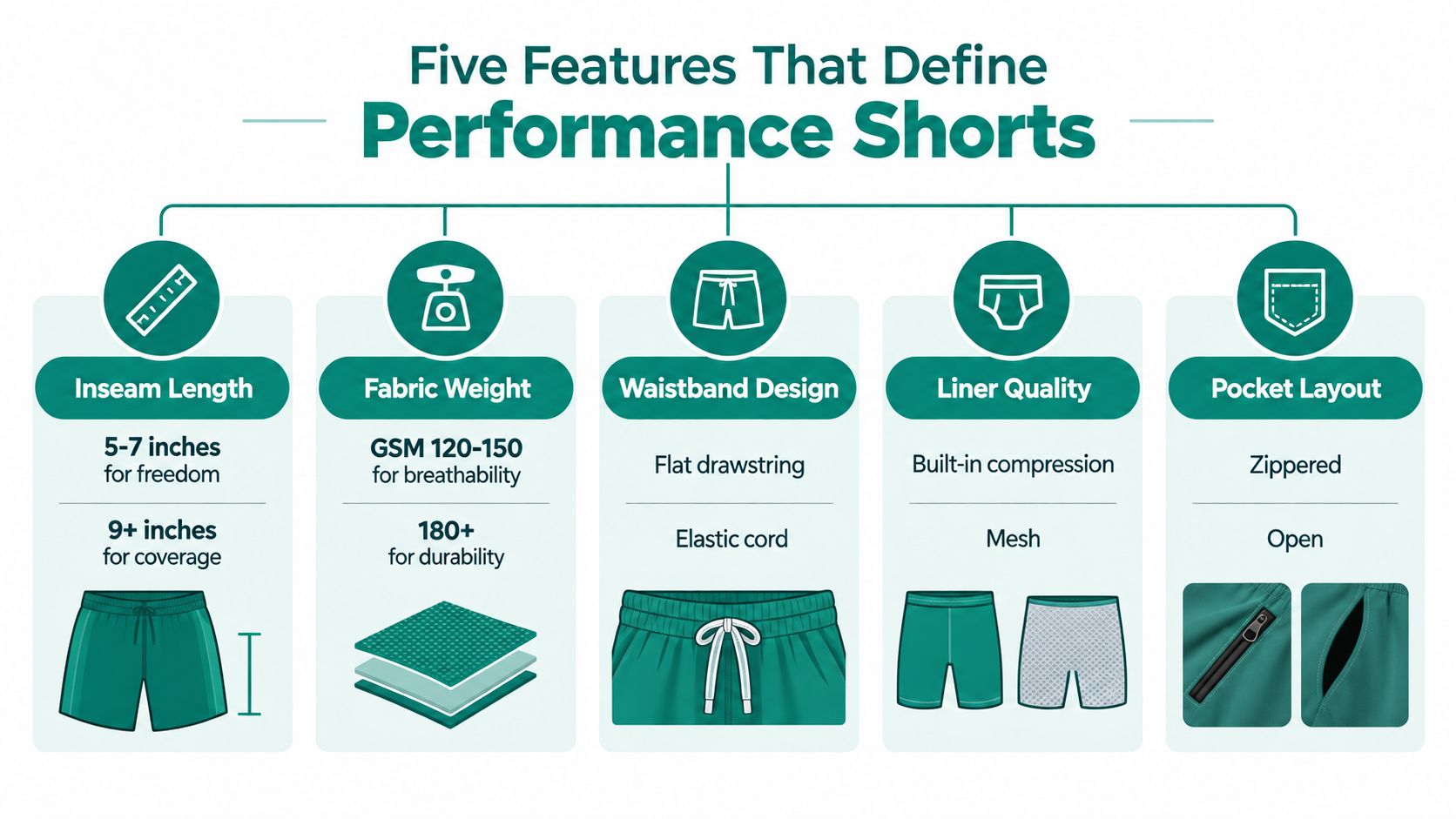 An infographic showing five essential design features of performance shorts including length, fabric weight, waistband, liner, and pockets.