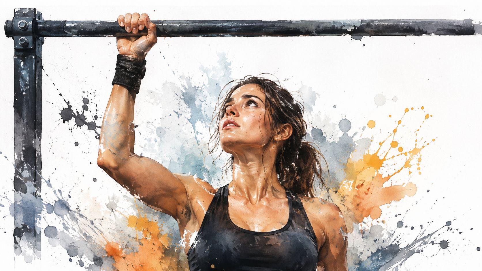 A woman performing a one-armed pull-up on a metal bar with an artistic watercolor splash background.