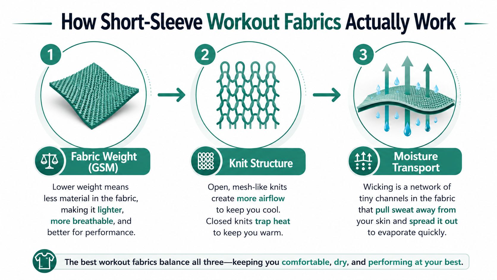 A diagram explaining how workout fabrics use weight, knit structure, and moisture transport for comfort and performance.